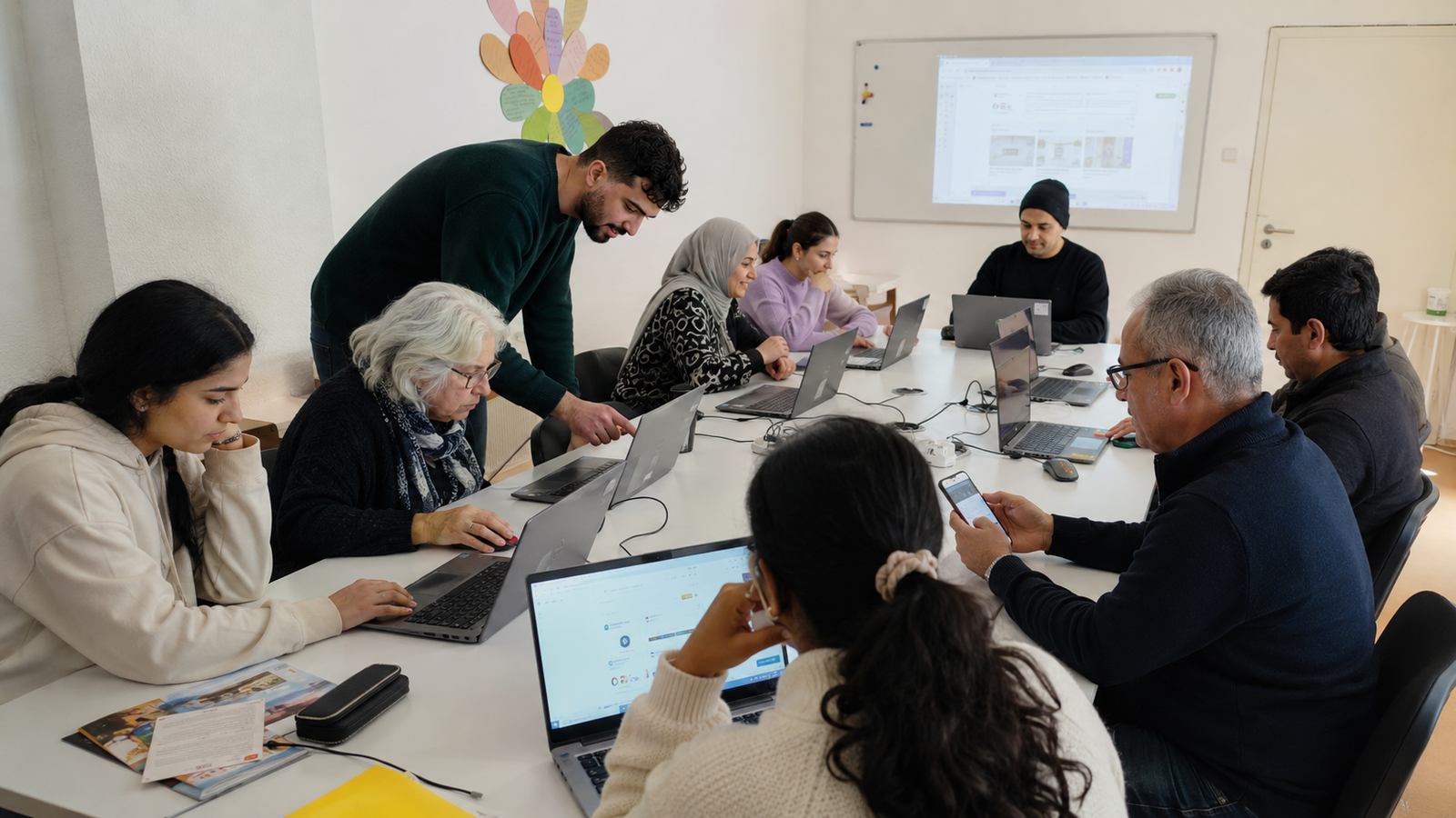 Participants learning together around laptops in a Januam digital skills workshop