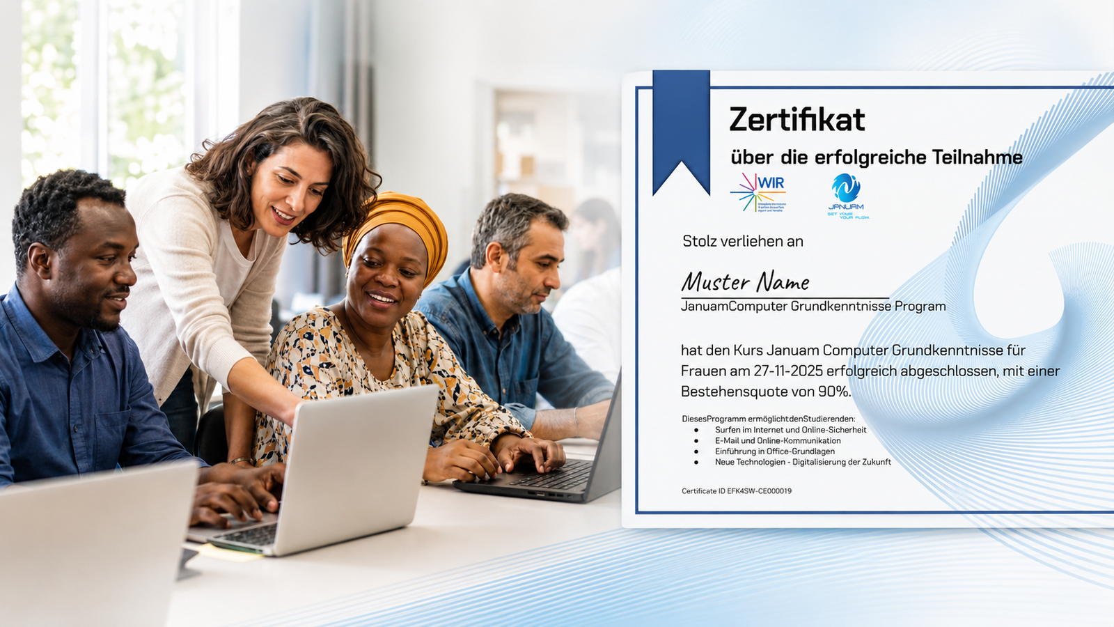 Januam participation certificate awarded after the computer basics course for women